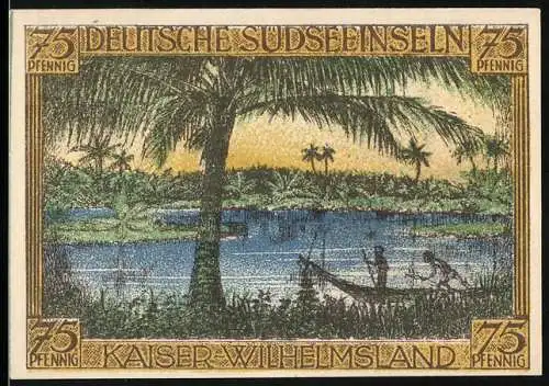 Notgeld Berlin 1921, 75 Pfennig, Kaiser-Wilhelmsland, Kolonie Deutsche Südseeinseln, Palmen und einheimische Fischer