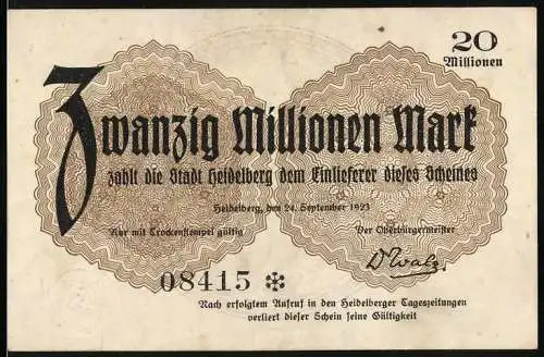 Notgeld Heidelberg, 1923, 20 Millionen Mark, Stadt Heidelberg, Burg und Schwert mit Lorbeerzweig