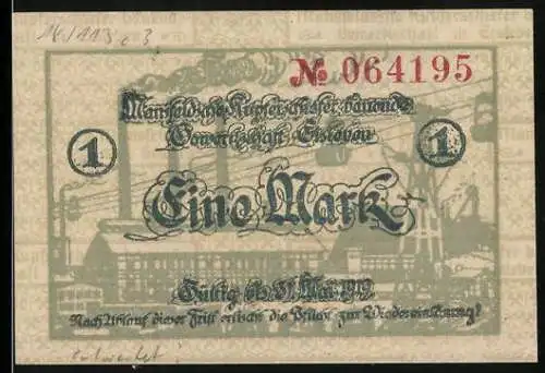 Notgeld Eisleben 1919, Eine Mark, Mansfeldsche Kupferschiefer abbauende Gewerkschaft, KN 064195, Fabrik und Maschinen