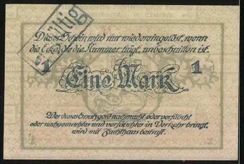 Notgeld Eisleben 1919, Eine Mark, Mansfeldsche Kupferschiefer abbauende Gewerkschaft, KN 064195, Fabrik und Maschinen