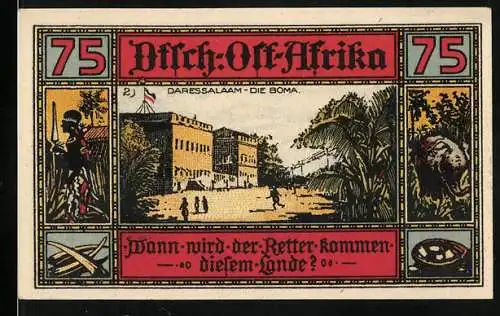 Notgeld Neustadt i. M. 1922, 75 Pfennig, Kolonie, Deutsch-Ost-Afrika, Daressalaam die Boma, Storch & Frösche