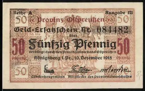Notgeld Königsberg 1918, 50 Pfennig, Provinz Ostpreussen, Serie A, Ausgabe III, Geld-Ersatzschein mit KN 084482