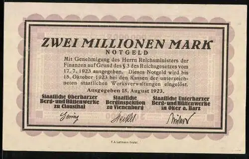 Notgeld Clausthal 1923, 2 Millionen Mark, Staatliche Oberharzer Berg- und Hüttenwerke zu Clausthal
