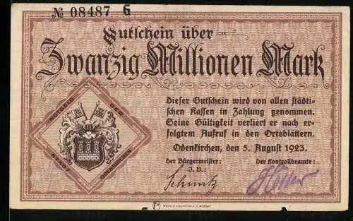 Notgeld Odenkirchen 1923, 20 Millionen Mark, Wappen und Text, braun