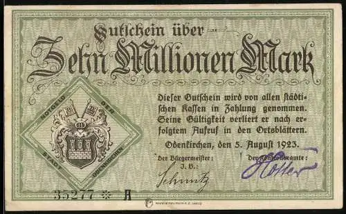 Notgeld Oberkirchen, 1923, 10 Millionen Mark, grün, Stadtwappen, Seriennummer 35267