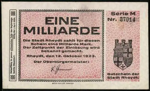 Notgeld Rheydt 1923, Eine Milliarde, Serie M, Gutschein der Stadt Rheydt, gültig bis 1. April 1924