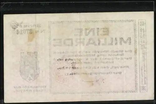 Notgeld Rheydt 1923, Eine Milliarde, Serie M, Gutschein der Stadt Rheydt, gültig bis 1. April 1924