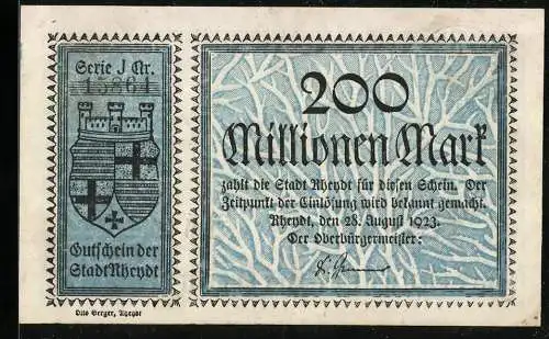 Notgeld Rheydt 1923, 200 Millionen Mark, Gutschein der Stadt Rheydt mit Wappen, blaugraues Design