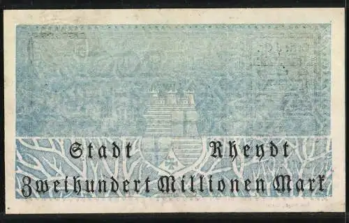 Notgeld Rheydt 1923, 200 Millionen Mark, Gutschein der Stadt Rheydt mit Wappen, blaugraues Design