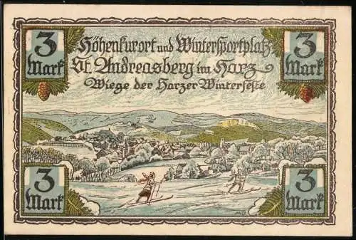 Notgeld St. Andreasberg im Harz, 1921, 3 Mark, Skisportler vor winterlicher Landschaft und Wappen mit Münzen-Motiven