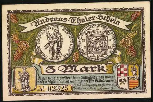 Notgeld St. Andreasberg im Harz, 1921, 3 Mark, Skisportler vor winterlicher Landschaft und Wappen mit Münzen-Motiven