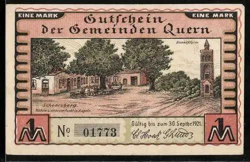 Notgeld Quern 1921, 1 Mark, Ansicht Scheersberg Bismarckturm Gültig bis zum 30. Sept. 1921