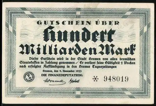 Notgeld Bremen 1923, 100 Milliarden Mark, Gutschein über hundert Milliarden Mark, Freie Hansestadt Bremen