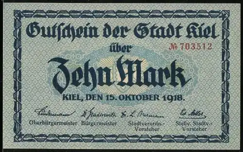 Notgeld Kiel, 1918, 10 Mark, Gutschein der Stadt Kiel mit Rathausabbildung