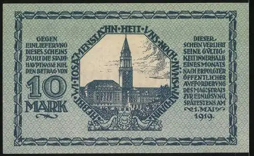 Notgeld Kiel, 1918, 10 Mark, Gutschein der Stadt Kiel mit Rathausabbildung