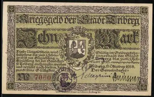 Notgeld Triberg, 1918, 10 Mark, Kriegsnotgeld mit Stadtwappen und Unterschriften