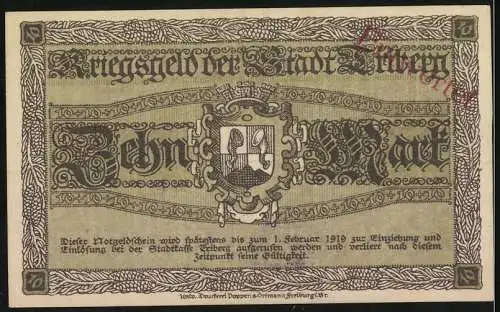 Notgeld Triberg, 1918, 10 Mark, Kriegsnotgeld mit Stadtwappen und Unterschriften