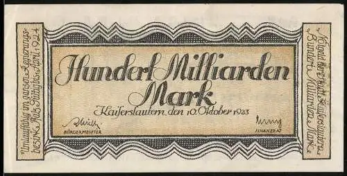 Notgeld Kaiserslautern 1923, Hundert Milliarden Mark, Szene im Wald mit Kindern, Seriennummer 30475
