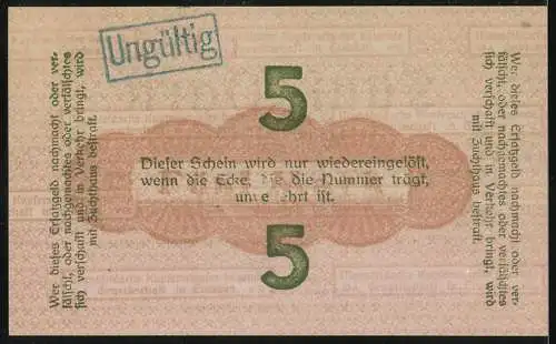 Notgeld Eisleben, 1919, 5 Mark, Mansfeld`schen Kupferschiefer bauenden Gewerkschaft, gültig bis 31. Januar 1919