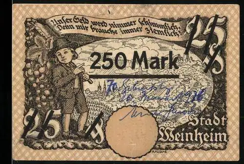 Notgeld Weinheim, 1921, 25 Pfennig überstempelt zu 250 Mark, Stadt Weinheim mit Trachtenfigur und Weinbergen