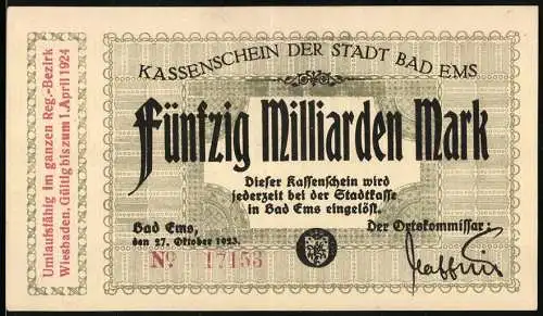 Notgeld Bad Ems 1923, 50 Milliarden Mark, Kassenschein der Stadt mit Umtauschhinweis für Wiesbaden