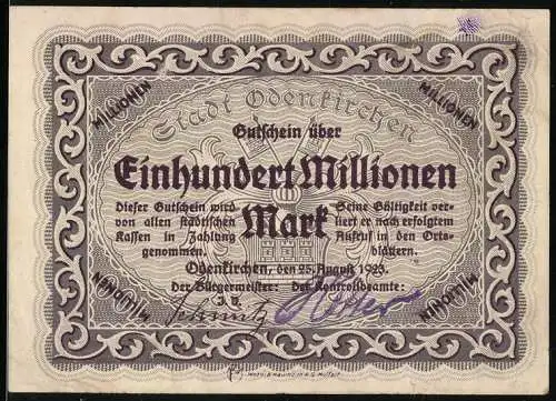 Notgeld Odenkirchen, 1923, 100 Millionen Mark, Stadt Odenkirchen Gutschein, violettbraun, dekorativer Rahmen