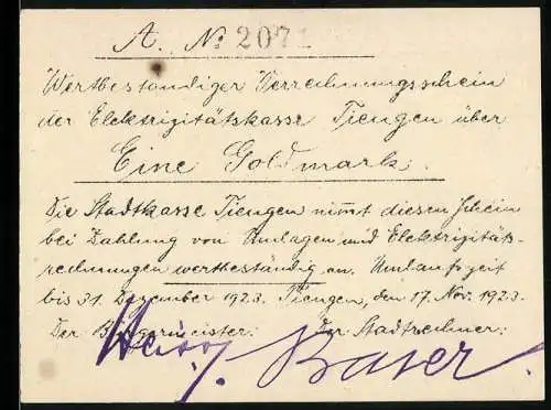 Notgeld Tiengen 1923, 1 Goldmark, Verrechnungsschein der Elektrizitätskasse Tiengen