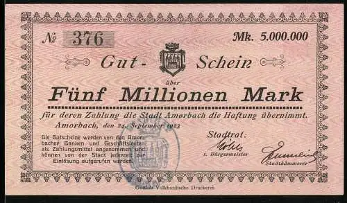 Notgeld Amorbach 1923, 5 Millionen Mark, Gut-Schein über Fünf Millionen Mark mit Stadtansicht