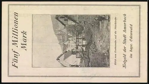 Notgeld Amorbach 1923, 5 Millionen Mark, Gut-Schein über Fünf Millionen Mark mit Stadtansicht