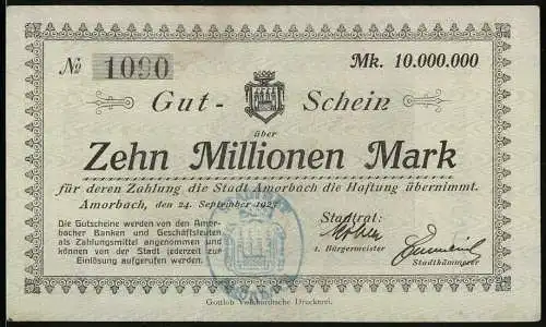 Notgeld Amorbach 1923, Zehn Millionen Mark, Amorsbrunn bei Amorbach, Stadträte Unterschrift