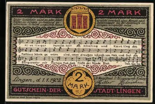 Notgeld Lingen 1922, 2 Mark, Gutschein mit Kivelingen-Motiv und Musiknoten