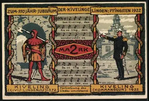 Notgeld Lingen 1922, 2 Mark, Gutschein mit Kivelingen-Motiv und Musiknoten