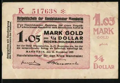 Notgeld Mannheim, 1923, 1.05 Mark Gold, Handelskammer Mannheim, ¼ Dollar Reichsgoldanleihe