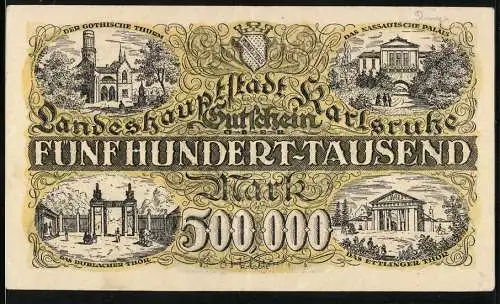 Notgeld Karlsruhe 1923, 500.000 Mark, Landeshauptstadt Karlsruhe mit Sehenswürdigkeiten