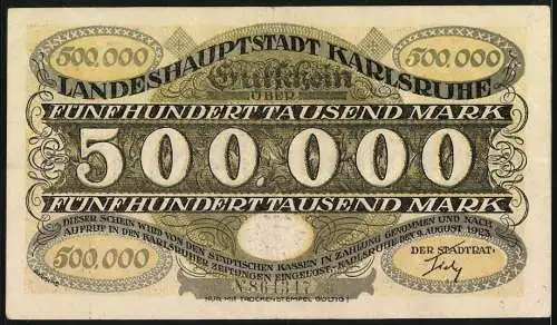 Notgeld Karlsruhe 1923, 500.000 Mark, Landeshauptstadt Karlsruhe mit Sehenswürdigkeiten