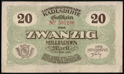 Notgeld Karlsruhe, 1923, 20 Milliarden Mark, Vorderseite mit Wappen und Unterschrift, Stadtszene und Kirche