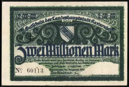Notgeld Karlsruhe 1923, 2 Millionen Mark, Stadtwappen und Stadtansicht