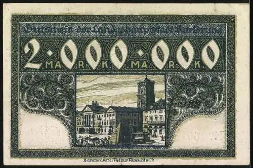 Notgeld Karlsruhe 1923, 2 Millionen Mark, Stadtwappen und Stadtansicht