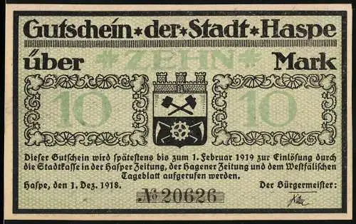 Notgeld Haspe 1918, 10 Mark, Vorderseite Stadtsiegel und Rückseite Porträt und Gebäude