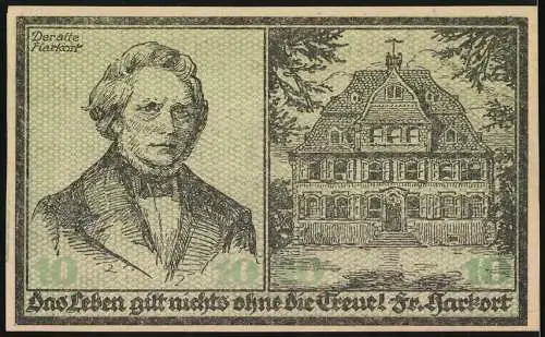 Notgeld Haspe 1918, 10 Mark, Vorderseite Stadtsiegel und Rückseite Porträt und Gebäude