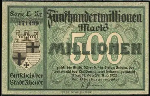 Notgeld Rheydt, 1923, 500 Millionen Mark, Stadtwappen und Rathausabbildung