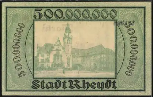 Notgeld Rheydt, 1923, 500 Millionen Mark, Stadtwappen und Rathausabbildung