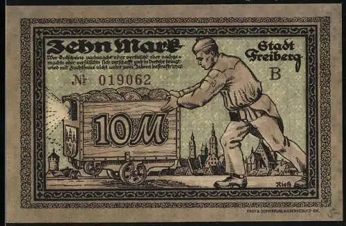 Notgeld Freiberg 1918, 10 Mark, Bergmann mit Lore und Stadtwache
