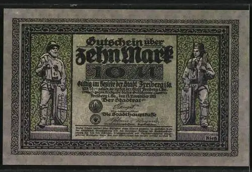 Notgeld Freiberg 1918, 10 Mark, Bergmann mit Lore und Stadtwache