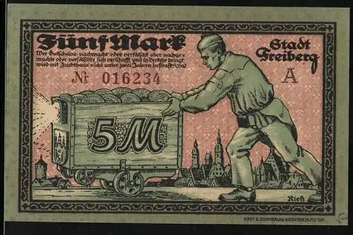 Notgeld Freiberg, 1918, 5 Mark, Mann mit Lore und Stadtsoldaten