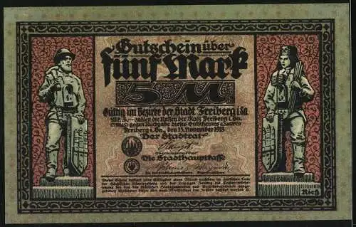 Notgeld Freiberg, 1918, 5 Mark, Mann mit Lore und Stadtsoldaten