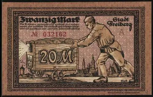 Notgeld Freiberg 1918, 20 Mark, Bergmann mit Lore und Stadtwappen, Rückseite mit zwei Bergmännern und Text
