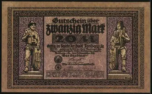 Notgeld Freiberg 1918, 20 Mark, Bergmann mit Lore und Stadtwappen, Rückseite mit zwei Bergmännern und Text