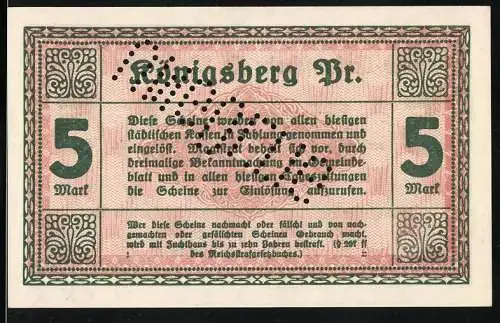 Notgeld Königsberg Pr. 1918, 5 Mark, Geld-Ersatzschein D Nr. 701195, perforiert: Ungültig