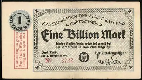 Notgeld Bad Ems 1923, Eine Billion Mark, Kassenschein der Stadt Bad Ems, gültig bis 1. April 1924